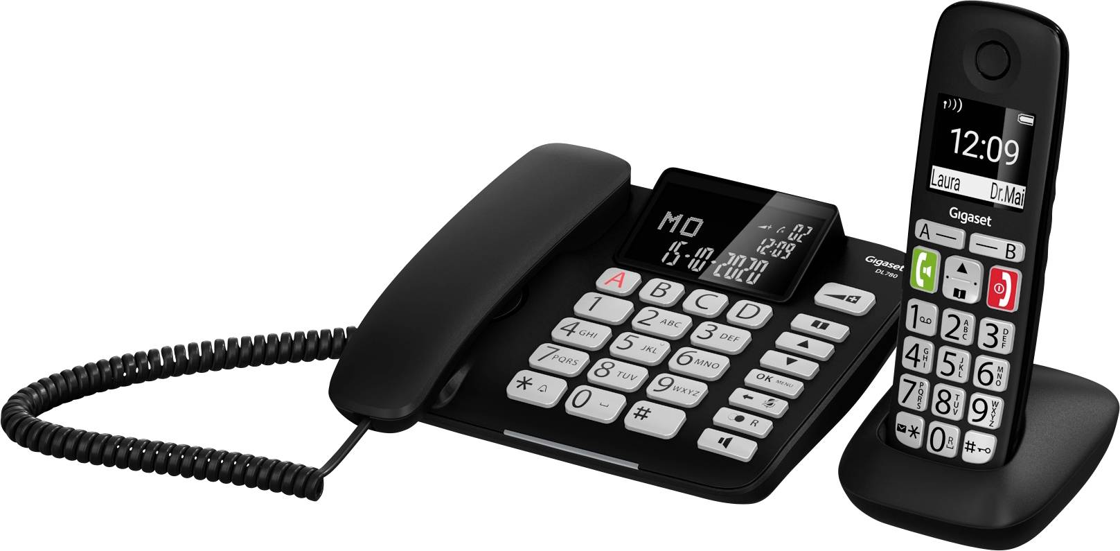 Ein schnurloses Telefon und ein Festnetztelefon mit großen Tasten, geeignet für Senioren, zeigt Uhrzeit und Datum an.