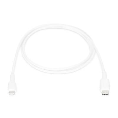 Ein weißes Kabel mit einem Lightning-Stecker auf einer Seite und einem USB-C-Stecker auf der anderen, auf einem weißen Hintergrund.
