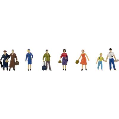 Kleine Figuren in unterschiedlichen Berufen und Outfits. Von links nach rechts: Männlich mit Hut, weiblich in Uniform, männlich mit Koffer, weiblich mit roten Oberteil, weiblich in Kleid, Kind mit Erwachsenem.