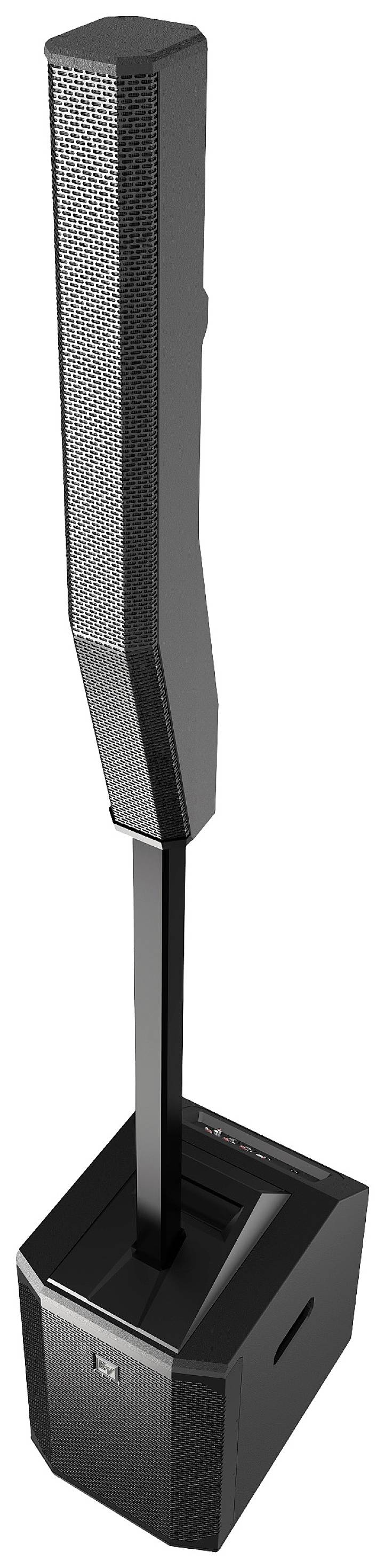 Schwarzes Lautsprechersystem mit Stativ und Basiskasten, geeignet für Veranstaltungen und professionelle Audiowiedergabe.