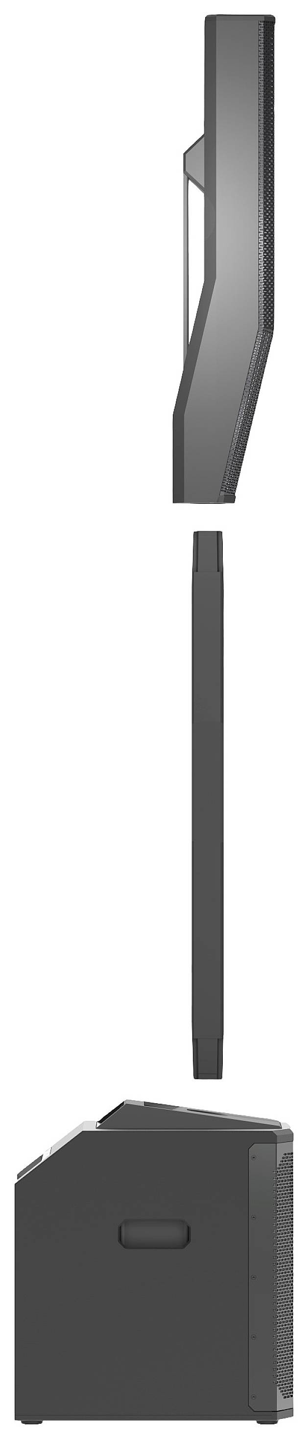 Seitenansicht eines flachen Monitors auf einem Sockel, der von einer Seitenansicht eines Stand-PC-Gehäuses in einem modernen Design begleitet wird.