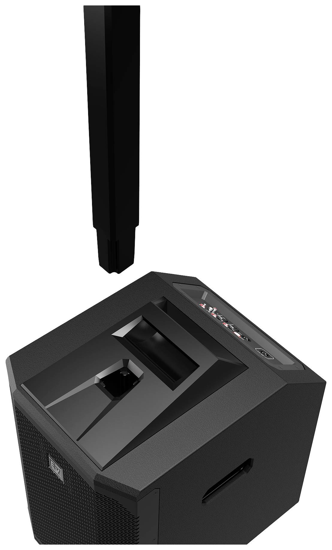 Ein schwarzer Lautsprecher mit abnehmbarer Säulenbefestigung und sichtbaren Bedienelementen für Lautstärke und Anschlüsse auf der Oberseite.