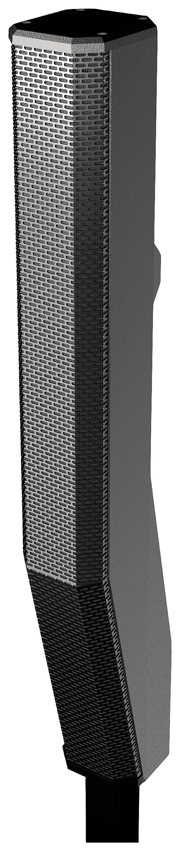 Schwarze Säule mit Lochmuster design, vertikal positioniert, vor weißem Hintergrund. Funktion oder Kontext nicht erkennbar.