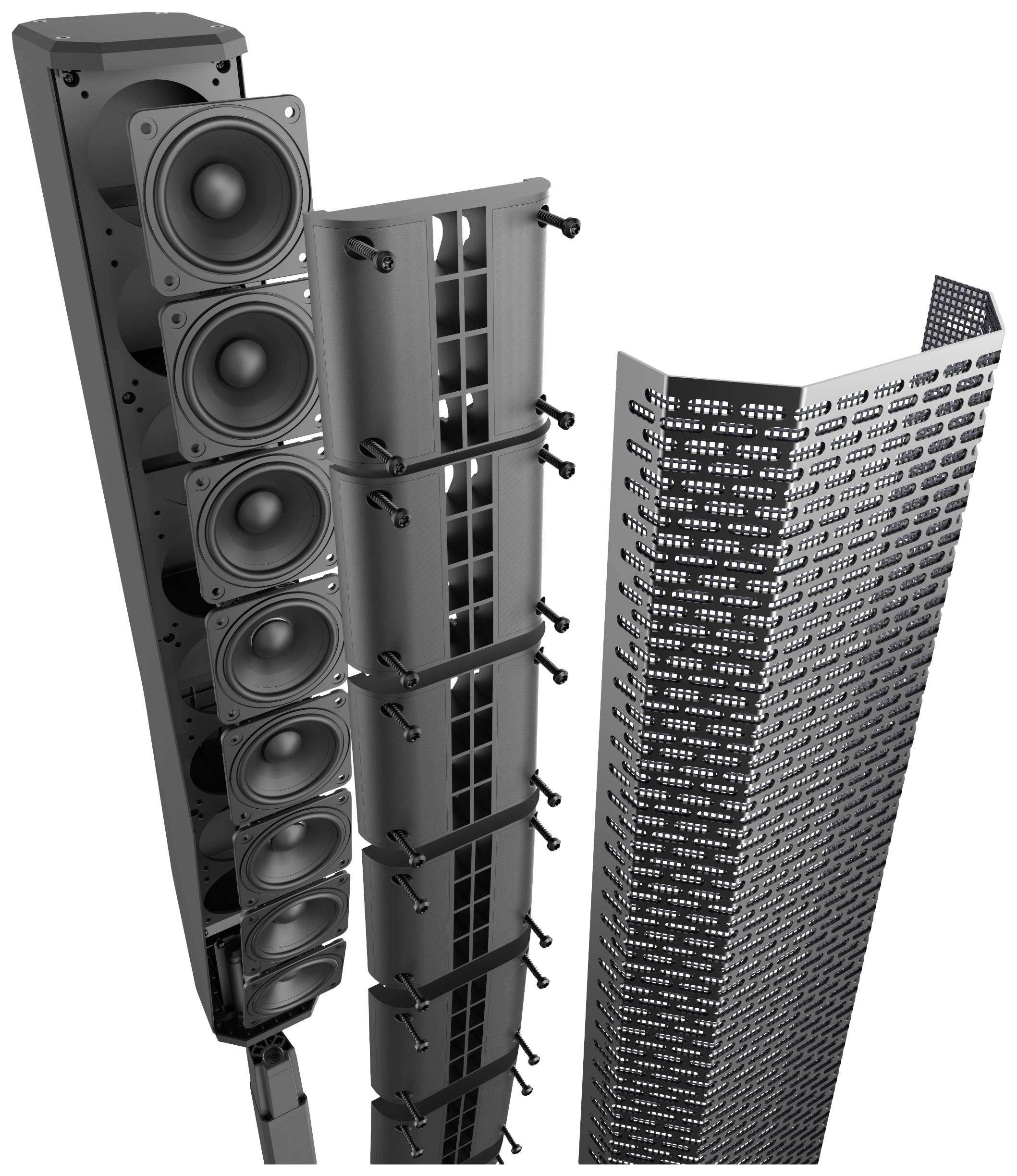 Lautsprecher-Säulenaufbau mit mehreren Lautsprechern, seitlicher Blick auf die Technik und obere Abdeckung. 