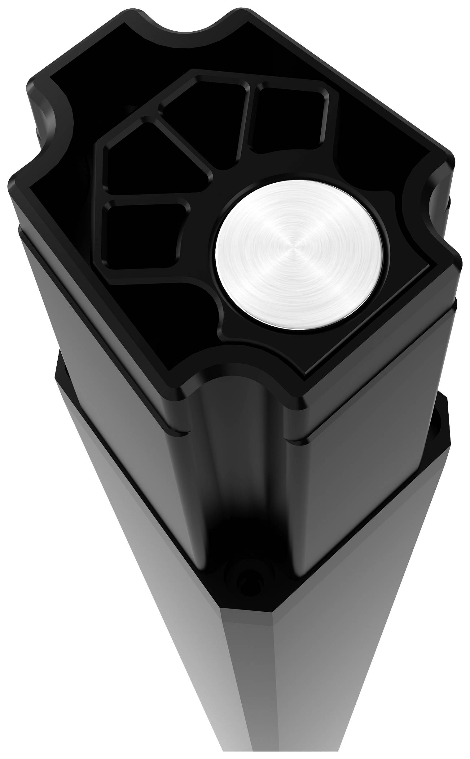 Schwarzes, sechseckiges Bauteil mit silberner Metallkomponente in der Mitte, wahrscheinlich ein Teil eines größeren mechanischen Systems.