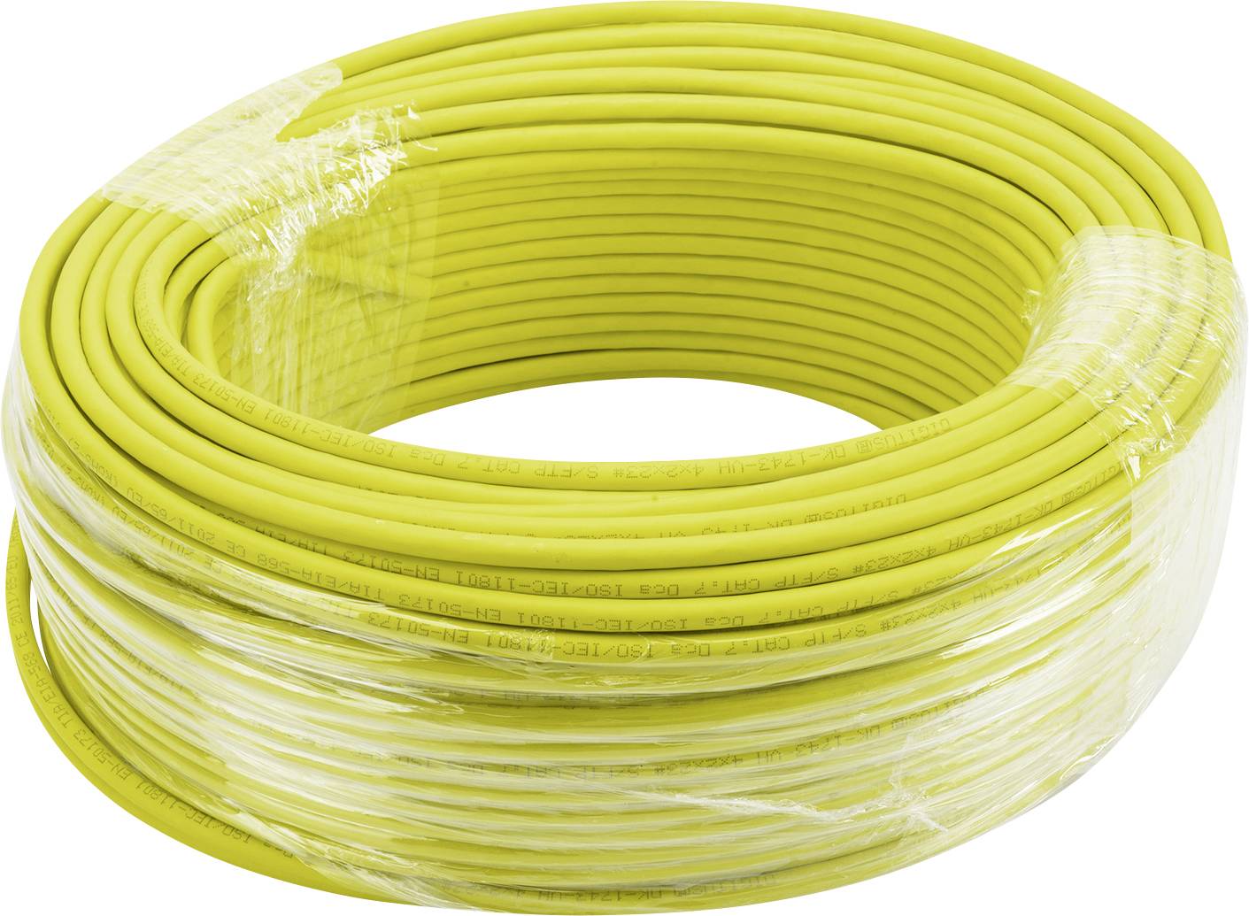 Eine Rolle gelbes Kabel, eng gewickelt, mit durchsichtiger Plastikfolie umhüllt.