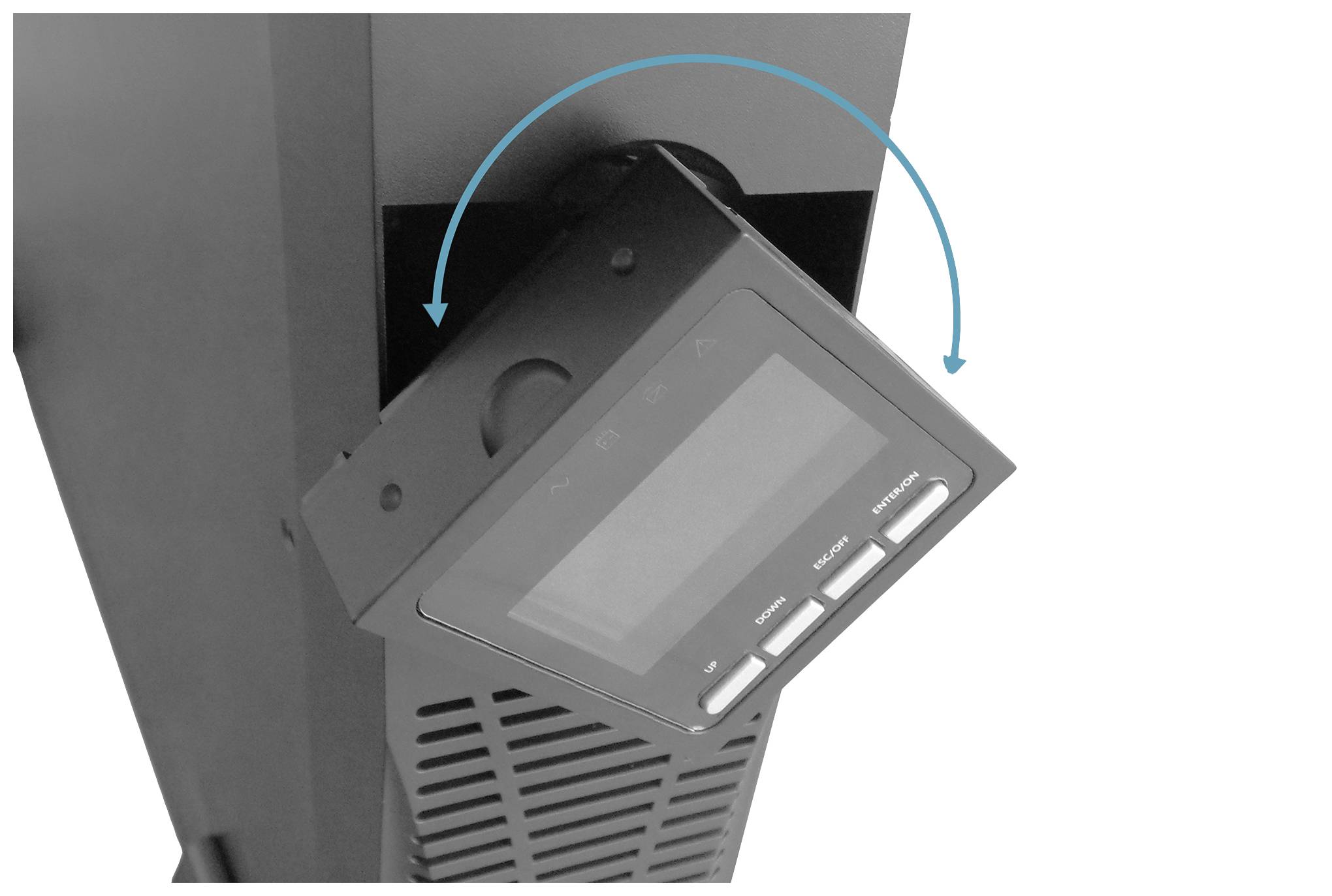 Das Bild zeigt einen elektrisch verstellbaren Bildschirm mit einem Pfeil, der die Neigungsrichtung anzeigt. Die Schaltflächen sind sichtbar.