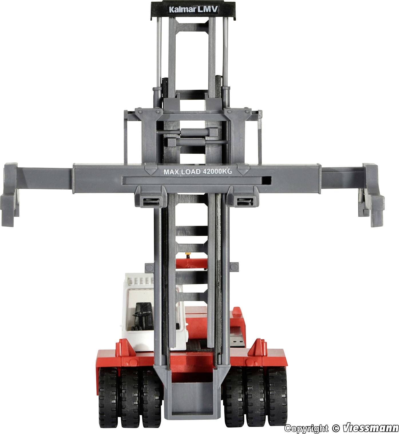 Ein rotes und graues Modell eines Lastenstaplers von vorne, mit der Beschriftung 'MAX LOAD 42000KG', geeignet für schwere Ladung.