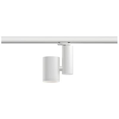 Ein zylindrisches, weißes Schienenstrahler-Licht hängt an einer Schiene. Es ist modern und minimalistisch gestaltet.