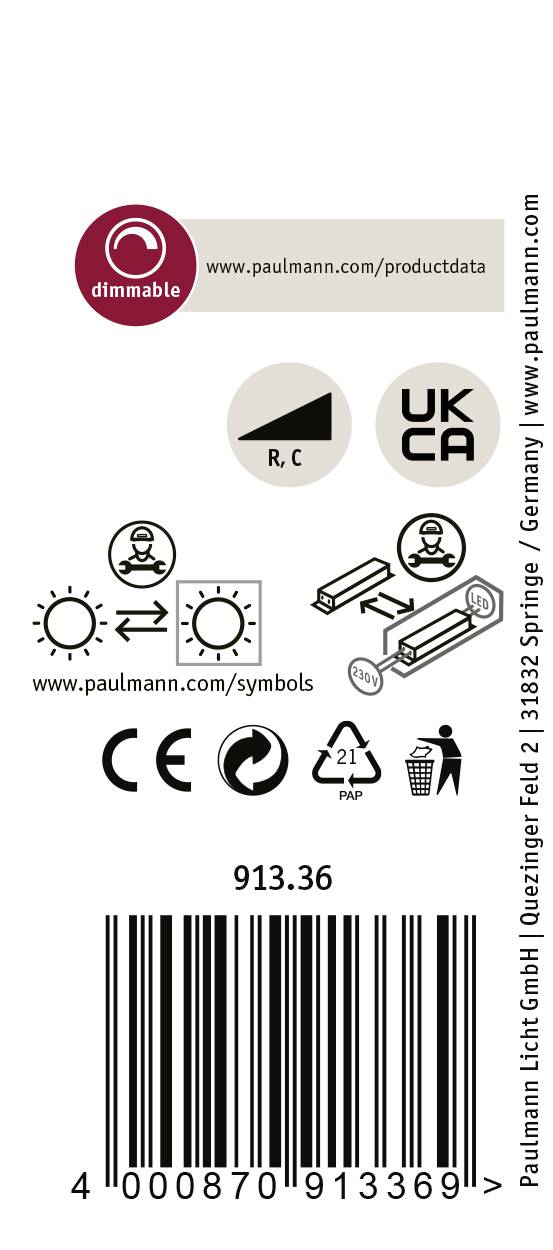Etikett mit dimmbarer Glühbirne, Symbolen für Montage und Energieeffizienz, UKCA-Kennzeichen, Barcode darunter.