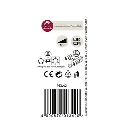 'Etikett für dimmbare Lampe mit Barcode, Nutzungssymbolen und Produktlinks. UKCA- und CE-Zertifizierungen vorhanden.'