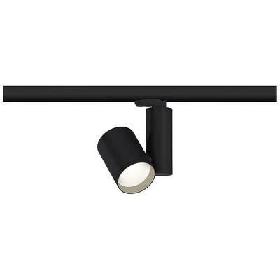 Schwarzer LED-Strahler an einer Schiene, der nach unten gerichtet ist, mit schlichtem, modernem Design zur Beleuchtung von Räumen.