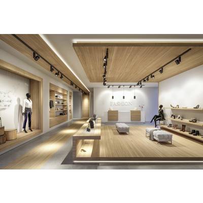 Ein eleganter, moderner Modegeschäftsraum mit Holzdekor, Regalen mit Kleidung und Accessoires sowie zwei Schaufensterpuppen.
