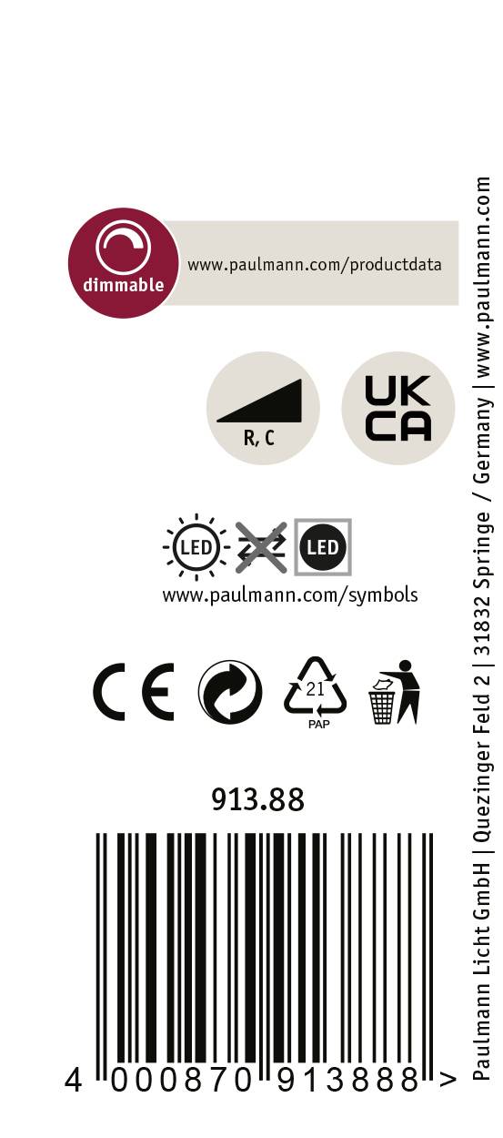 'Energieetikett eines dimmbaren LED-Produkts. Beinhaltet CE- und UKCA-Zeichen, Recycling-Symbol und Barcode.'