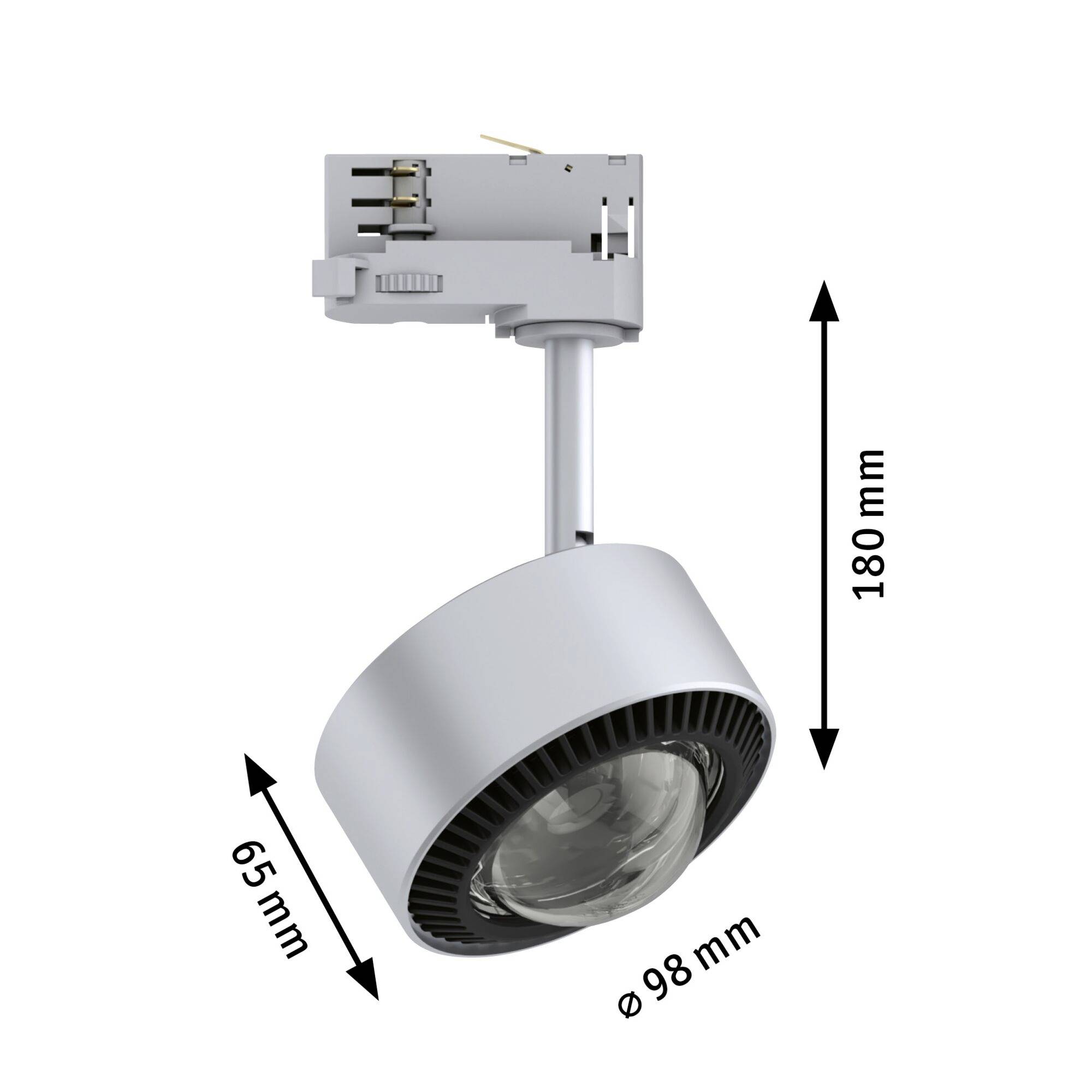 LED-Strahler mit schwenkbarem Kopf, Gesamtmaße: 180 mm Höhe, 98 mm Durchmesser. Aufbau mit Montagevorrichtung, Maße: 65 mm Breite.