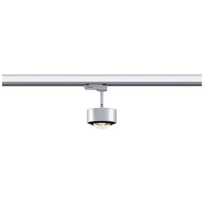 Silberne LED-Deckenlampe an einer Schiene, modernes Design, eignet sich für gezielte Beleuchtung in Wohn- oder Geschäftsbereichen.