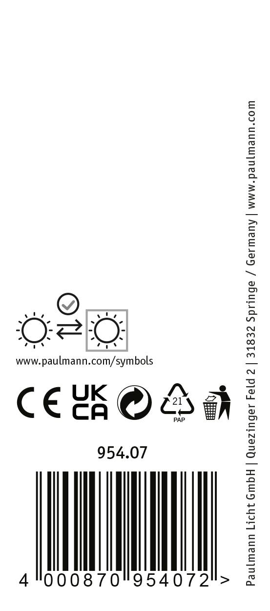 Etikett mit Symbolen für Lampen, CE-Kennzeichnung, UKCA-Zeichen und Recycling-Symbol. Text: 'Paulmann Licht GmbH'. Strichcode darunter.