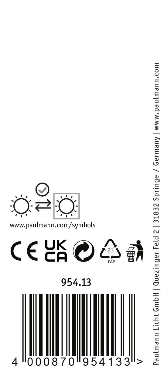 Etikett zeigt Symbole für Elektronikrecycling, CE-Kennzeichnung, Barcode und Paulmann-Website-URL.