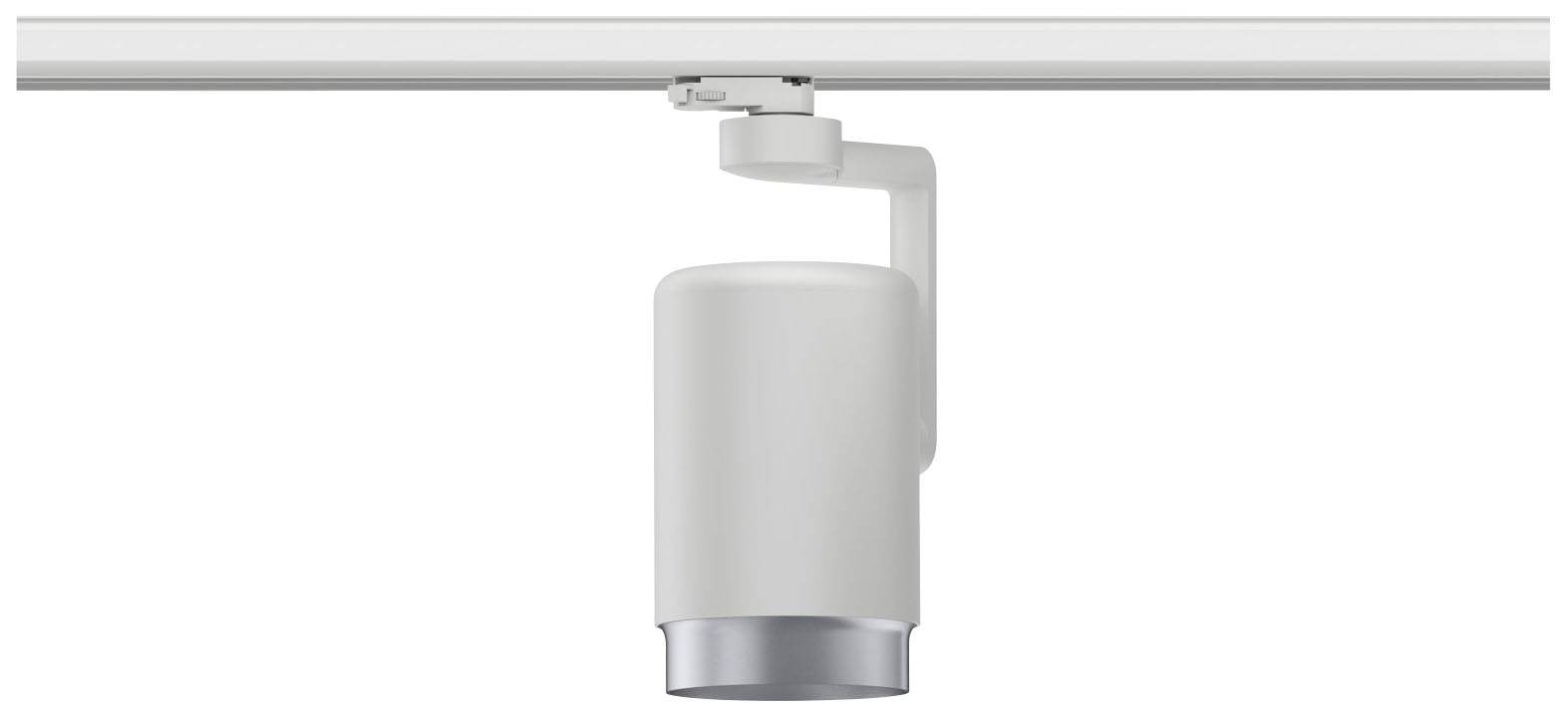 Ein weißer Schienenstrahler mit zylindrischem Design ist an einer Schiene befestigt und eignet sich für gezielte Beleuchtung in Innenräumen.