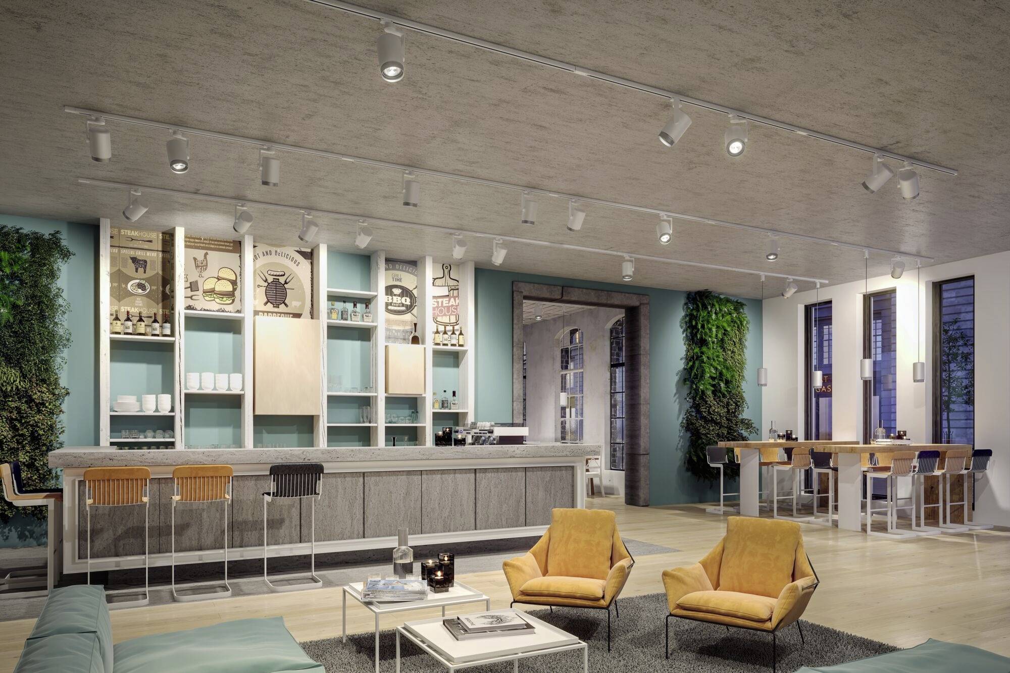 Moderne Café-Lounge mit Bartresen, an dem hohe Stühle stehen. Gemütliche Sessel stehen im Vordergrund. Pflanzenwände kreieren eine erfrischende Atmosphäre.