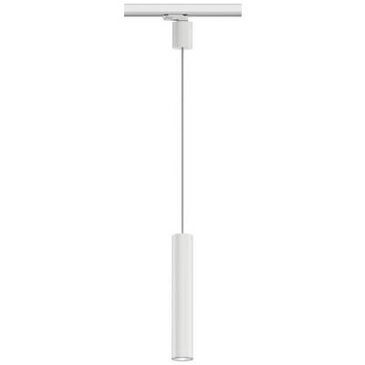 Weiße, zylindrische Hängeleuchte an einer Schiene, schlichtes modernes Design. Ideal für minimalistische Raumgestaltung.
