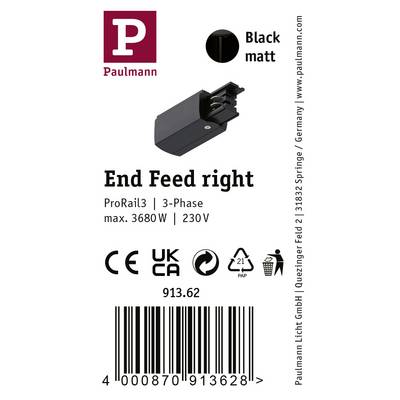 Ein schwarzes, mattes Endmodell für ProRail3, 3-Phasen, max. 3680 W, 230 V. CE- und UKCA-Zertifikate, gefertigt von Paulmann.