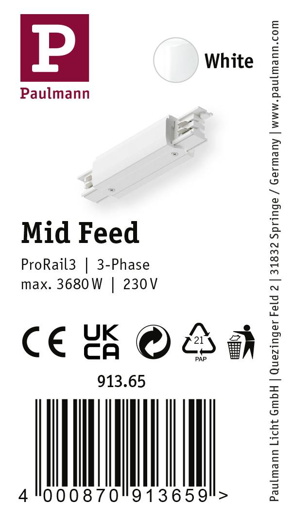 'Paulmann' Logo oben links. Weiße Mittelspeisung, 3-Phasen-Schiene, 3680W, 230V. Passend für ProRail3. CE- und UKCA-Kennzeichnung. Preis: 913,65.