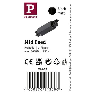 'Paulmann ProRail3 Mid Feed' schwarzer Adapter für 3-Phasen-Schiene, max. 3680W, 230V. CE- und UKCA-Zertifikate.