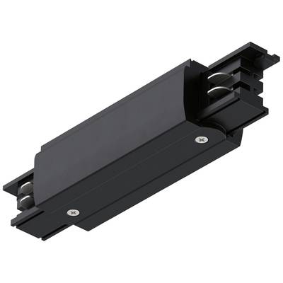Schwarzer Stromschienenverbinder mit metallischen Kontakten, in rechteckiger Form, zur Verbindung von Beleuchtungselementen.