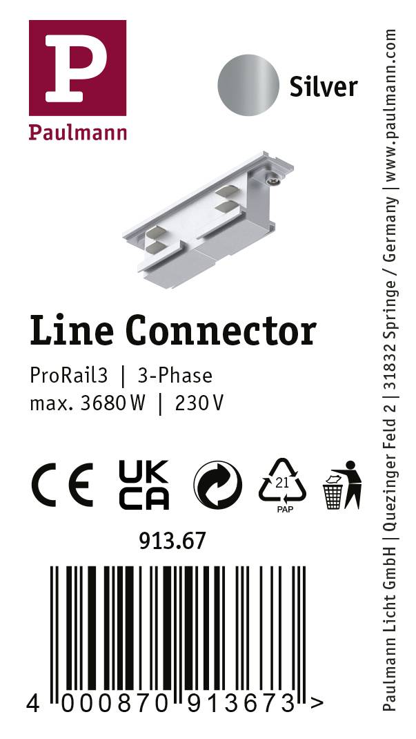 Line Connector für ProRail3, 3-Phasen, max. 3680W, 230V, silber. Marke: Paulmann. CE- und UKCA-Kennzeichen. Artikelnummer: 913.67.