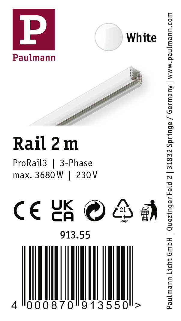Ein 2 m langes Schienensystem von Paulmann, weiß, für ProRail3, 3-Phasen, Max. 3680W, 230V. CE- und UKCA-zertifiziert.