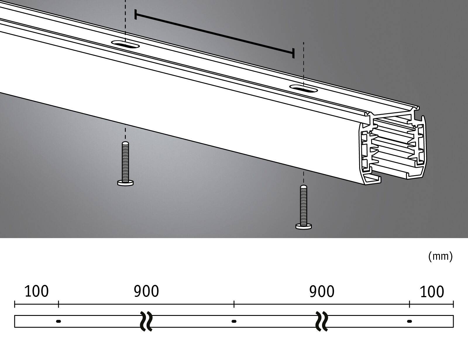 Diagramm einer Montageanleitung für eine lange Schiene. Oben: Schiene mit Schrauben. Unten: Skalierung (mm) zeigt 100-900-900-100.
