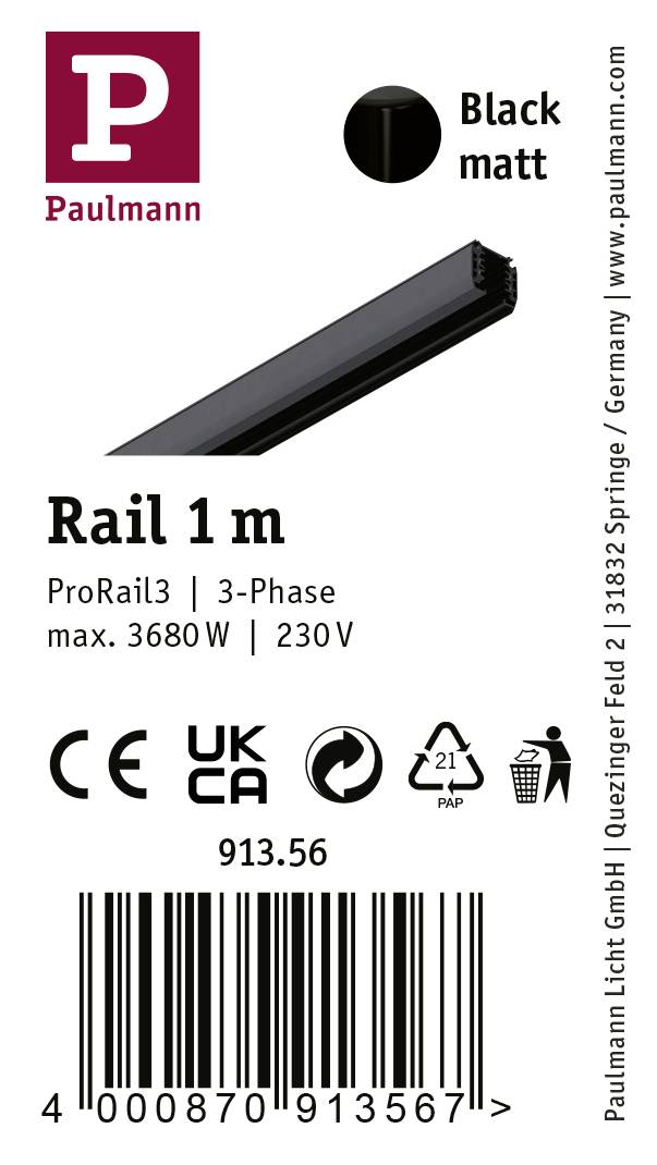 'Paulmann ProRail3' 1 m Schiene, 3-Phasen, 3680W, 230V, schwarz matt; CE- und UKCA-Zeichen; Barcode unten.