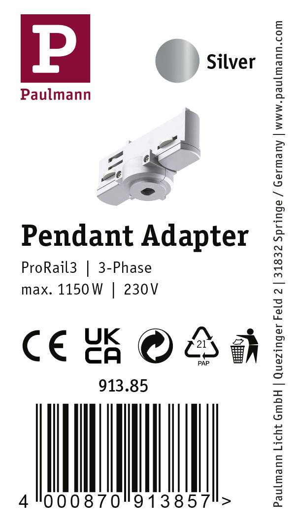 'Paulmann Pendelleuchten-Adapter ProRail3, 3-Phasen, max. 1150W, 230V, silber.' Enthält CE- und UKCA-Zeichen sowie EAN-Code.