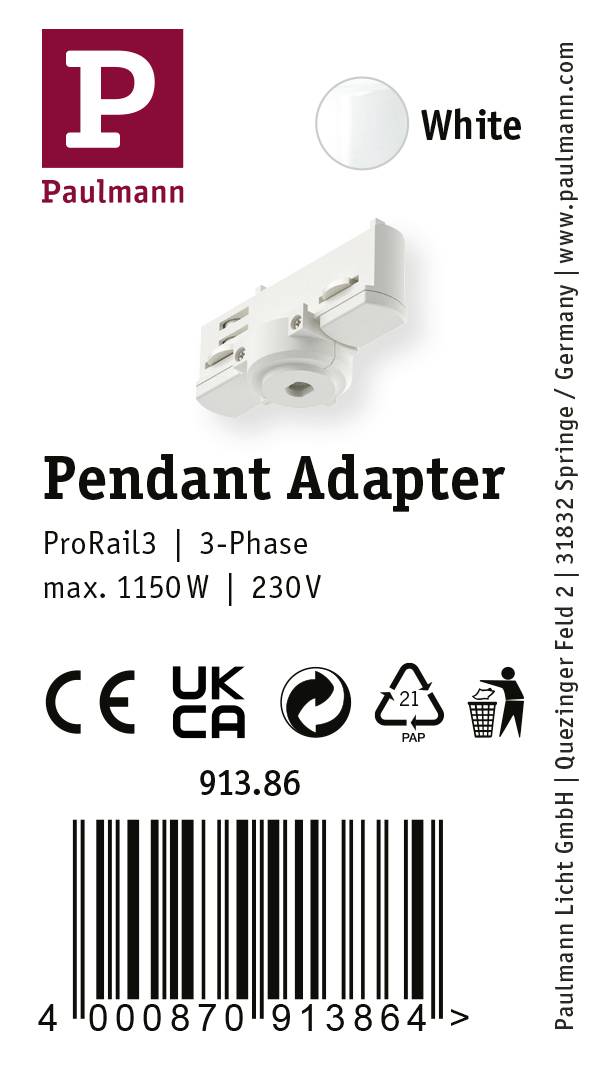 'Paulmann Pendant Adapter' Verpackung mit 'White' Farbe, für 'ProRail3 | 3-Phase max. 1150W | 230V'. Mit Produktbild und Barcode.