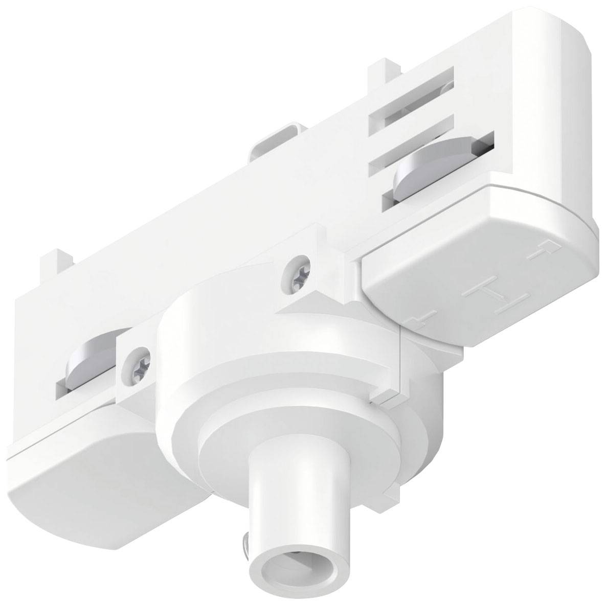 Ein weißer, rechteckiger Stromanschlussadapter mit zylindrischem Steckanschluss, geeignet für Schienensysteme in der Beleuchtungstechnik.