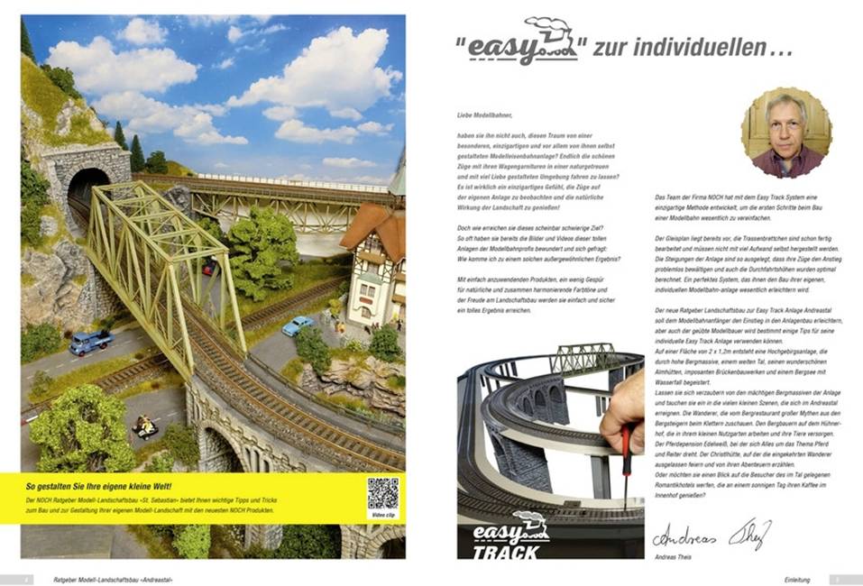 'Ein Modelleisenbahnlayout mit einer Brücke und Landschaft. Rechts Text über 'easyTRACK' Anpassungsmöglichkeiten und ein Porträtfoto.'
