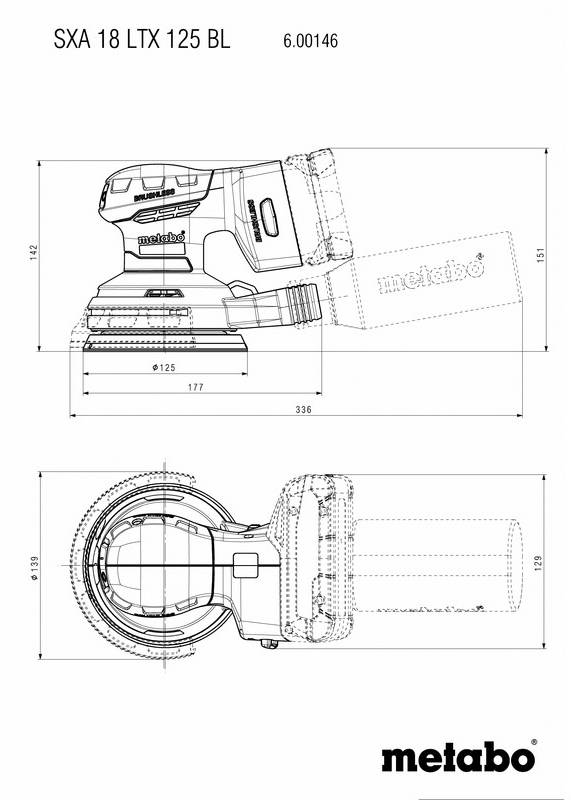 'Technische Zeichnung eines Metabo SXA 18 LTX 125 BL Schleifers. Zeigt Seiten- und Draufsicht mit Abmessungen in Millimetern.'