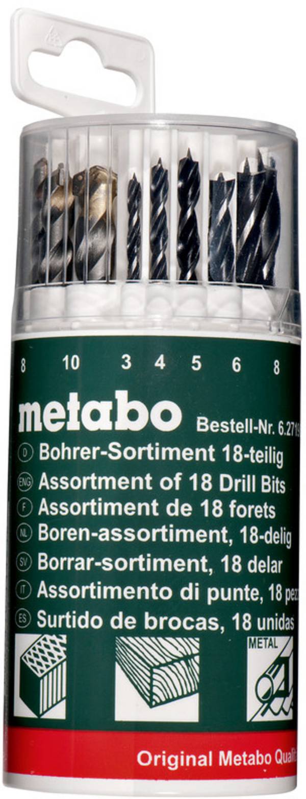 Metabo 627190000 18teilig Universal-Bohrersortiment Metall, Stein, Beton, Mauerwerk, Ziegel, Holz 3 mm, 4 mm, 5 mm, 6 mm, 8 mm, 10 mm