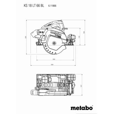 Bild von technischen Zeichnungen einer Metabo Kreissäge mit Abmessungen. Zeigt Stand- und Seitenansicht, Modell 'KS 18 LT 66 BL'.