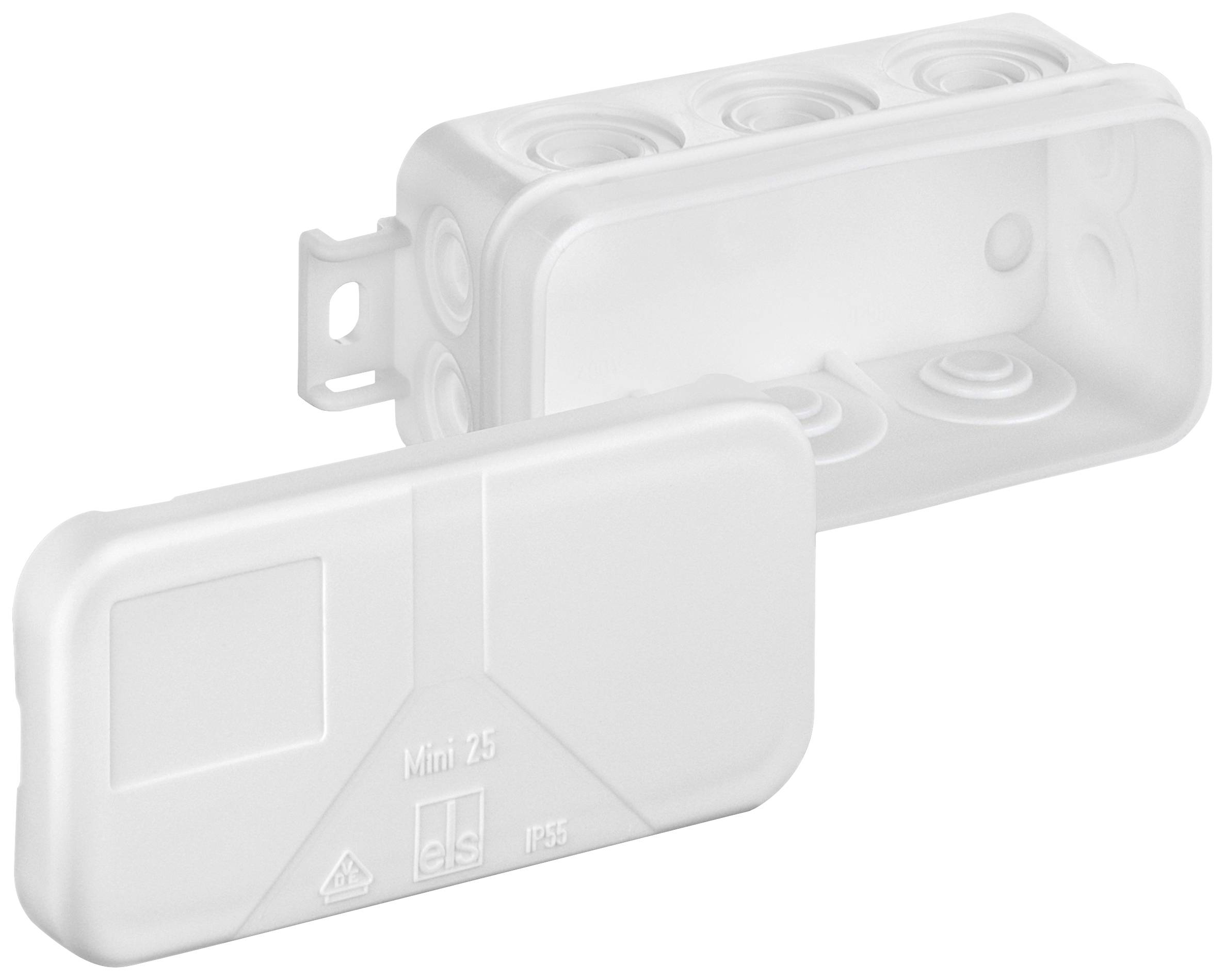 Zwei weiße Kunststoffverbindungsdosen, eine geöffnet und eine geschlossen, zeigen die Größe und Form der Anschlüsse.