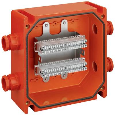 'Orangene elektrische Anschlussdose mit mehreren Kabelsteckplätzen und zwei Reihen von Klemmen im Inneren.'