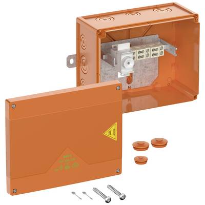 Orangenes Gehäuse mit offenem Deckel zeigt innenliegende Anschlüsse. Enthalten sind Kabelverschraubungen und Befestigungsmaterial.