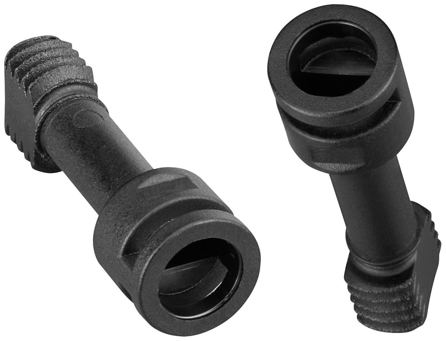 Zwei schwarze Plastikbauteile mit Rillen, möglicherweise ein Teil von Verschlüssen oder Adaptern, nebeneinander auf weißem Hintergrund.