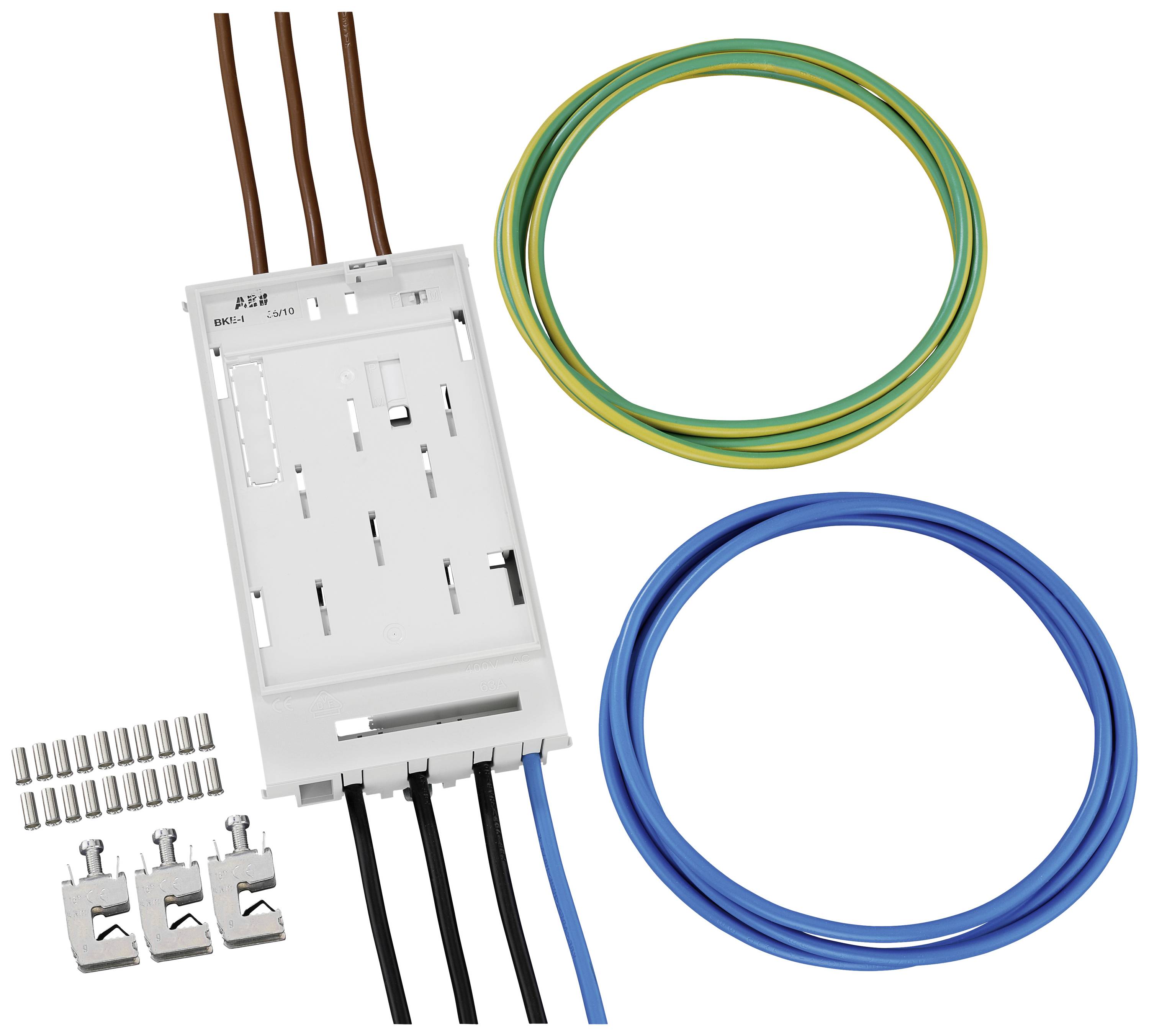Montageset mit Klemmen, Kabel in Braun, Gelb-Grün, Blau; inklusive Anschlussstücken und Montagesockel.