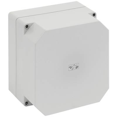 Graues Kunststoffgehäuse für elektrische Installationen, mit quadratischer Form, vier sichtbaren Schraublöchern und glatter Oberfläche.