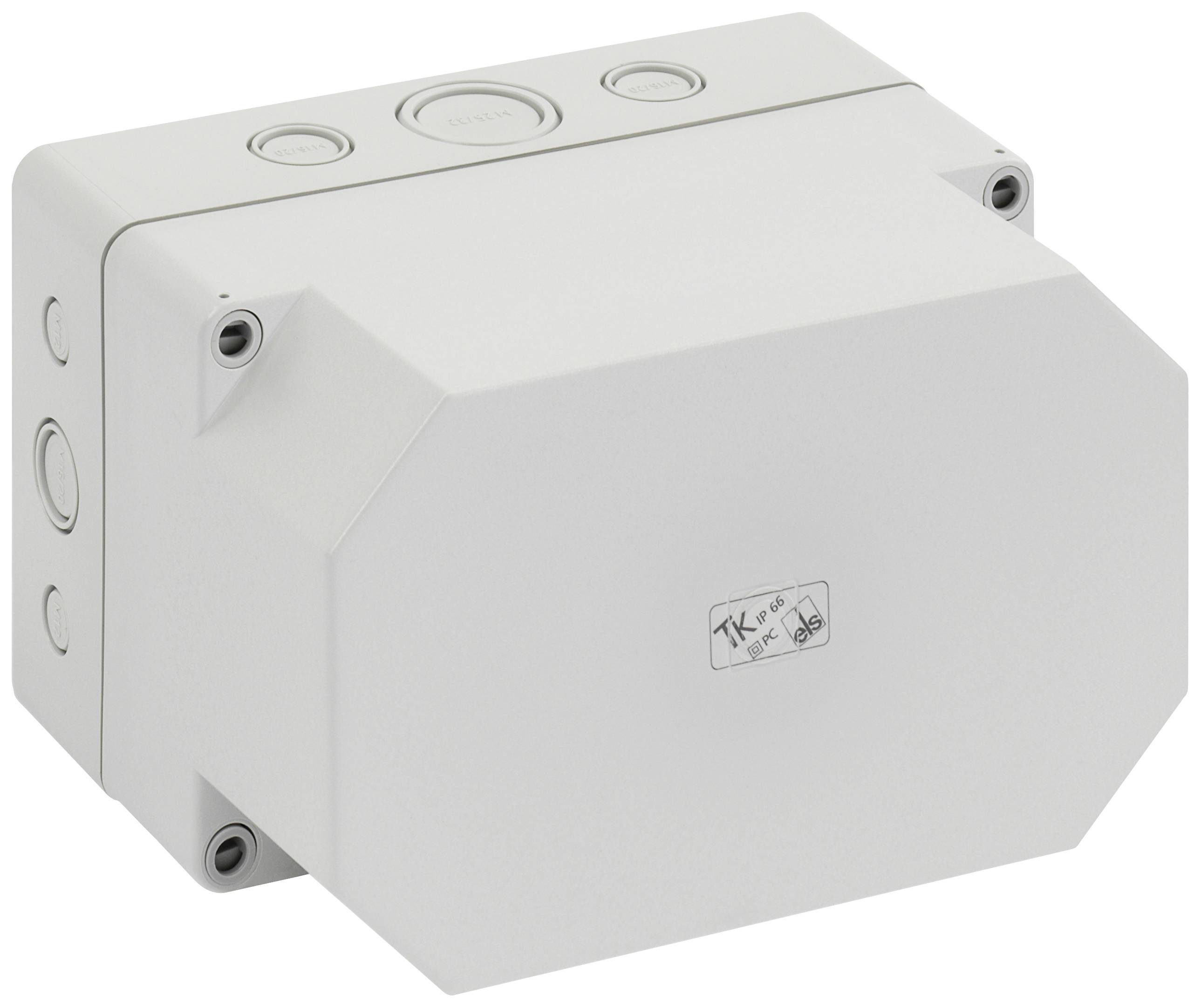 Weiße Kunststoff-Verteilerbox mit mehreren Eingängen und einem aufgedruckten Label. Geeignet für elektrische Installationen.