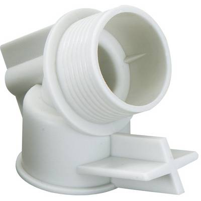 Ein weißes Kunststoff-Bauteil mit Gewinde und zwei hervorstehenden Seitenflügeln, möglicherweise ein Adapter oder Anschlussstück.