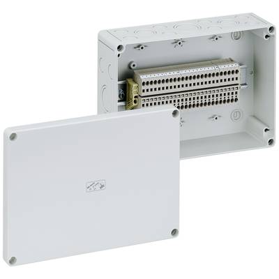 Geöffneter Verteilerkasten mit herausnehmbarer Abdeckung, zeigt Klemmenleiste für elektrische Anschlüsse.