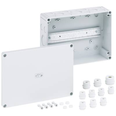 Feldverteilerbox mit abnehmbarem Deckel, Schrauben und Kabelverschraubungen. Geeignet zur sicheren Unterbringung elektrischer Komponenten.